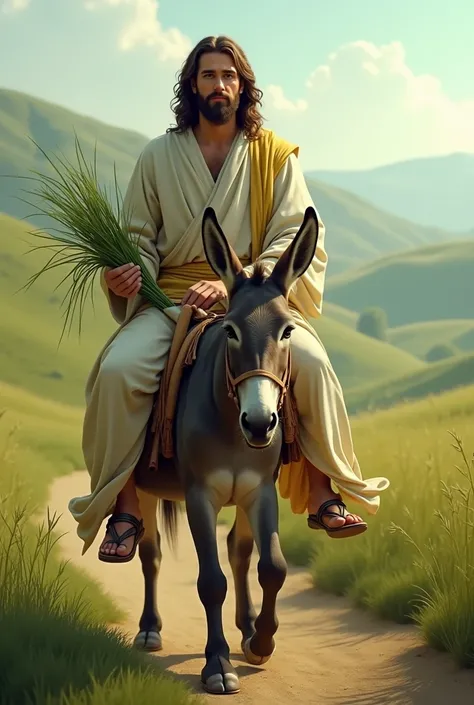 Jesus sitting on a donkey with green straw in his hand