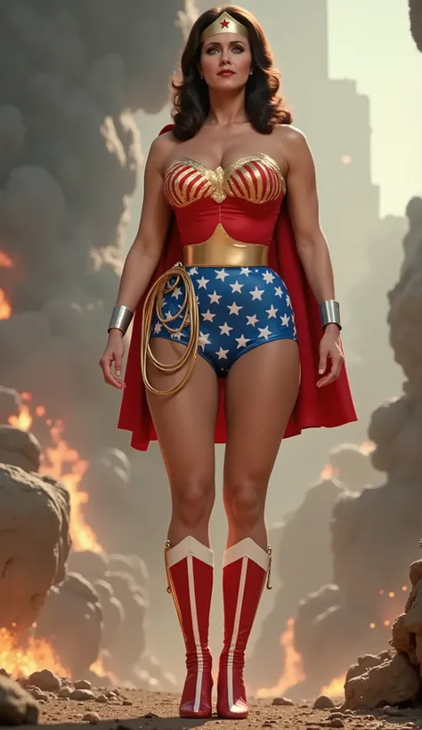 (MOVIE SCENE) A SEXY LYNDA CARTER AS THE ICONIC 1960 WONDER WOMAN, WEARING A LATEX WONDER WOMAN COSTUME, LATEX PATRIOTIC BLUE SKIRT. A RED, WHITE AND BLUE PATRIOTIC CAPE. HER GOLDEN LASSO ATTACHED TO THE SIDE OF HER HIP. CRYSTAL CLEAR ART, CELAN CRISP ART,...