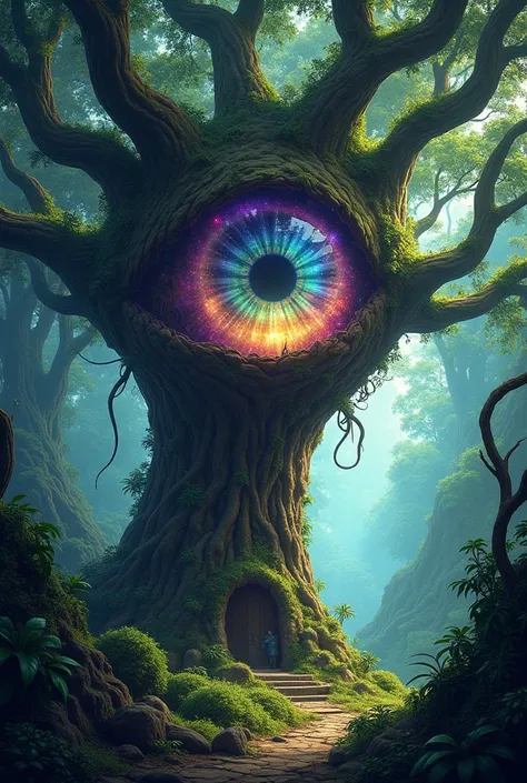 generate a prompt to create an image: rectangular, horizontal, may be somewhat in the steeple of avatar, an all-seeing tree with a multicolored eye in the jungle. 