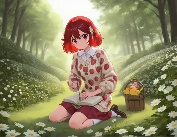 A young strawberry-themed character is kneeling at an enchanting picnic in an outdoor setting, She exudes cuteness and liveliness, with her carefully coordinated aesthetic, The bright red hair refers to the hue of ripe strawberries, adorned by leaf-shaped ...