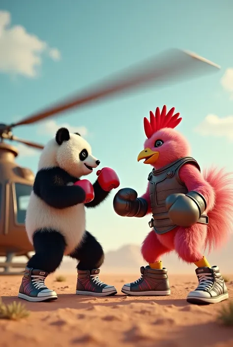 A panda fighting a pink chicken wearing sneakers and boxing gloves  ,  the fight is taking place on top of a truck in the desert and needs to have more than 30 seconds and then a helicopter with a squirrel piloting wearing armor 