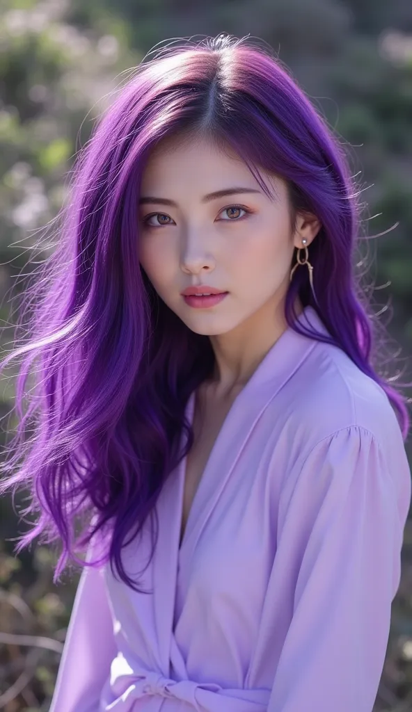 A beautiful woman, with a dazzling smile, wearing a long-sleeved shirt and down to the shoulder next to him, with purple colored hair unraveled in the wind.