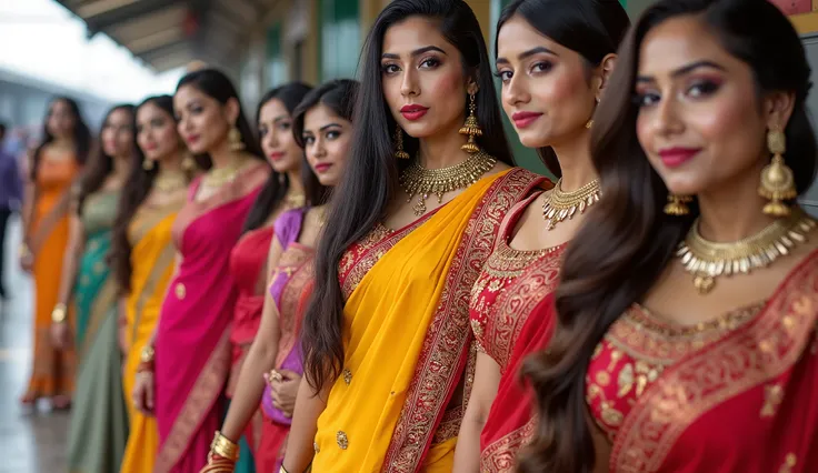 Sexy indian Bride's group with big breast and big butts exhausting colourful saree costume , exhausting 👠, fashion closeup in an Indian train station.
