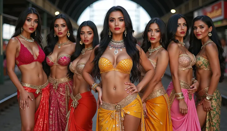 Sexy indian Bride's group with big breast and big butts  exhausting  colourful bikini and saree costume ,  exhausting  👠, fashion closeup in an Indian train station. 