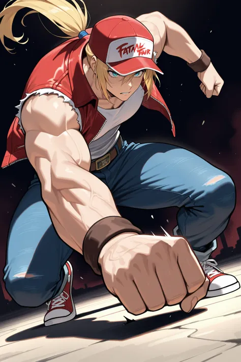 (masterpiece, best quality, dynamic concentration line, extremely detailed, absurdres, very aesthetic), (1Man\Terry Bogard\(Garou Legend, Fatal furry), red baseball cap, Sleeveless red leather jacket, A white shirt that shows off his muscles, sneakers, Blu...