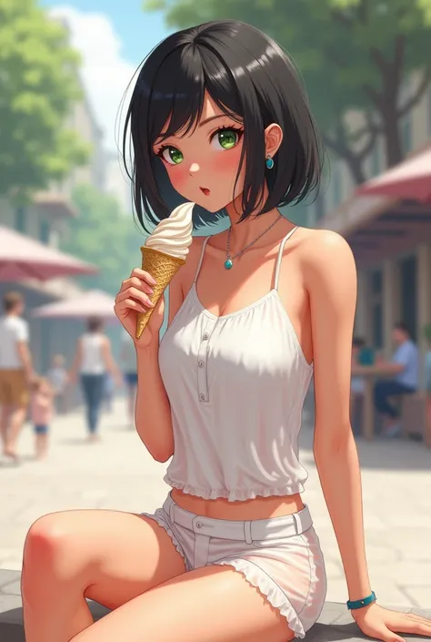 ,  young, sweet look,  black hair,  green eyes, pele morena ,transparent white tight shorts,  white blouse, In a square eating ice cream