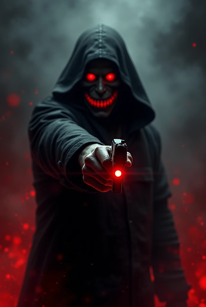 "A dark, menacing demonic figure with glowing red eyes, holding a silenced pistol pointed forward. The background is engulfed in swirling shadows and crimson flames. The figure's face is partially obscured by a hood, with faintly visible sharp teeth in a s...