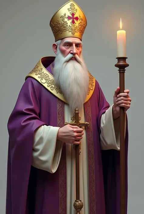 Realistic Image of ((São Brás))  Catholic saint , in bishop's costume , mitra,  light robe and purple cloak ,  white beard and with 2 large and thin candles crossed ,   full body.