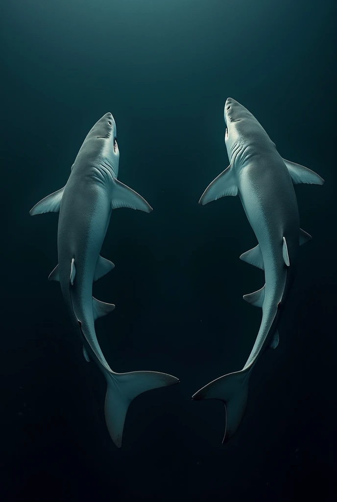 Cinematic images of sharks swimming, seen from above, with the body sideways, U-shaped. with a dark background