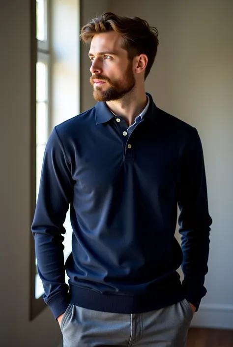 a man in a blue sweater and grey pants standing in front of a window, a picture by Salomon van Abbé, instagram, renaissance, wearing a dark blue polo shirt, f / 2 0, navy, portait image, marc, navy blue, profile, mikko, anthracite, thumbnail, official prod...