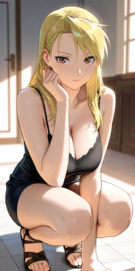 Masterpiece, elegant mature woman, riza hawkeye, long hair, tall body, camisole, gladiator style strappy sandals, upper body, dynamic lighting, ultra detailed, highres, absurdres, home,  fullmetal alchemist style, stunning visual cg, looking at viewer, squ...