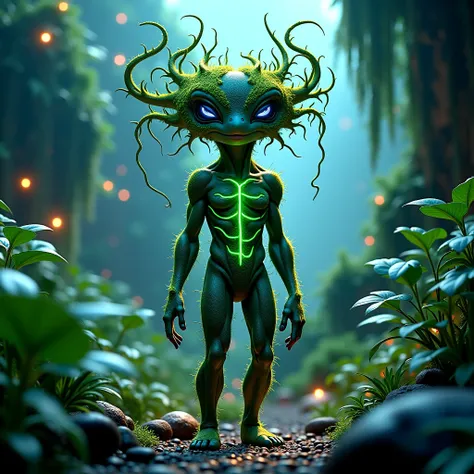 An alien covered in vibrant, plant-like growths, glowing green veins, with mossy tendrils flowing like hair, standing in a bioluminescent jungle