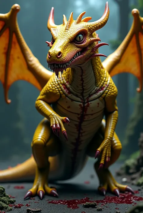 Drawing realistic Yellow dragon with a zombified appearance and wounds on the body. The dragon has two wings and two hind legs and has no eyes.