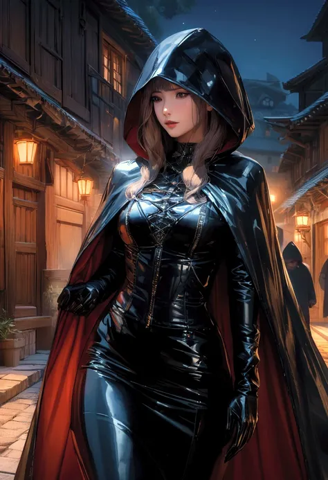 portrait south korea women hood up latex coat with long sleeve cape and latex long wide Skater skirt very higth latex heel and latex gloves equipped hidden blade in medieval south korea village in summer at night, and walk ,4K sophisticated and highly deta...