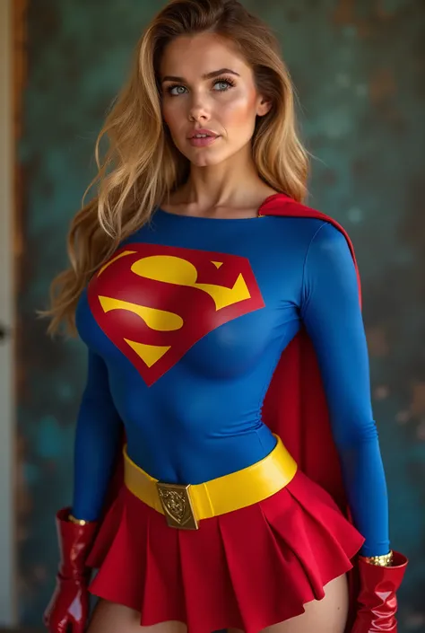 Create a masterpiece portfolio featuring porn star Corey Chase dressed in a 1980's supergirl costume and a modern American beauty in the costume. Give her huge 50g silicone breasts. Show some cleavage. Voluminous silicone breasts size 50gg. Breasts pressed...