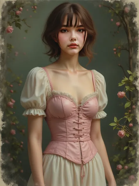 realistic photo of a cute French woman posing in a pearl-pink leather corset,(( small breasts, shapely pointed chest covered, slim body and slim waist ,,,,,,,,,)),,,,,,,,, (((absolute full screen , front view ))), pearl pink leather bra ＆ Underwear ,  cute...