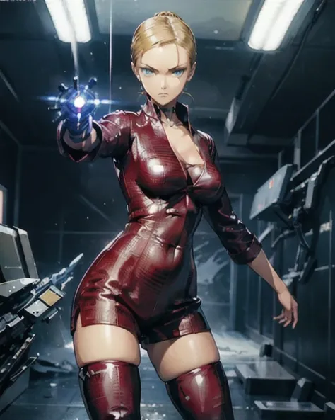  terminator、 Terminatrix .T-X、 machine arm ,  anime style,  Japanese illustration style,  Unreal Engine, Metal with sharp fingertips 、 Thigh High Boots 、Liquid Metal、bullet mark 、 blonde,  simple background,  chignon flowing sideways,  big breasts,  contem...