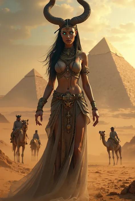 Egyptian demon woman with camels and pyramids in the background 