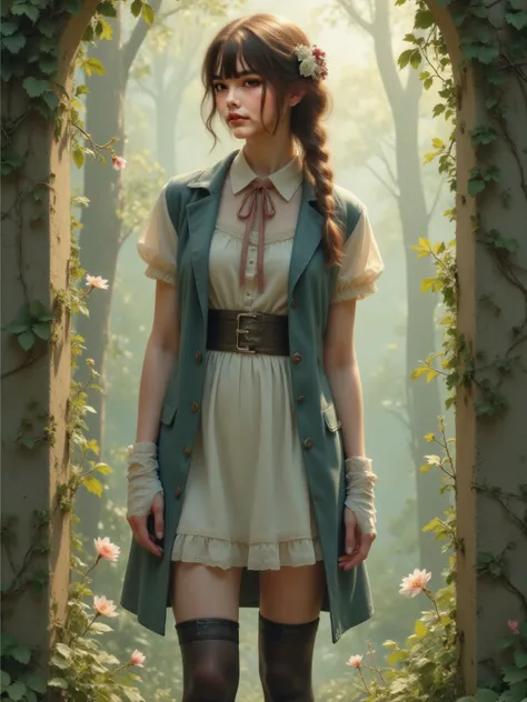 2D,  masterpiece,   rolled up , Realistic Photo,  very detailed face ,  very detailed eyes ,  very detailed background,  perfect lighting ,  cowboy shot ,  1 girl, Alone, Aki Rosenthal,  collar dress , short dress, Short-sleeved, Blue jacket,  black thigh ...