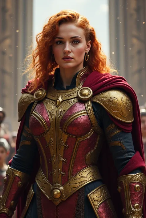  red-haired Asgardian warrior in gold and dark red armor, with open neckline, holding a large divine war axe with the long handle . 