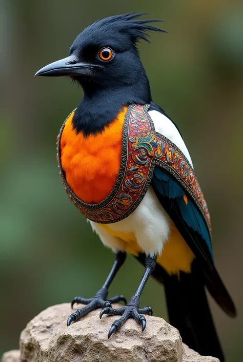 I want to make an orange chest feather stone magpie logo with a java royal warrior style harness decorated with colorful java engraving