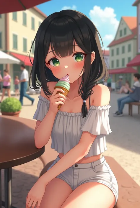  Realistic photo,  young, sweet look,  black hair,  green eyes, pele morena ,transparent white tight shorts,  white blouse, In a square eating ice cream