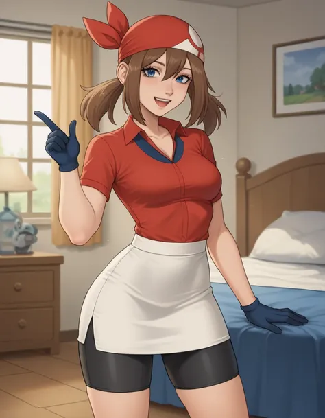 (Sciamano240), masterpiece, best quality, aatomically correct, five fingers, pokemonmay, blue eyes, brown hair, bandana, long hair, red bandana, twintails, hair between eyes,
bike shorts, collared shirt, gloves, microskirt, multicolored shirt, pencil skirt...