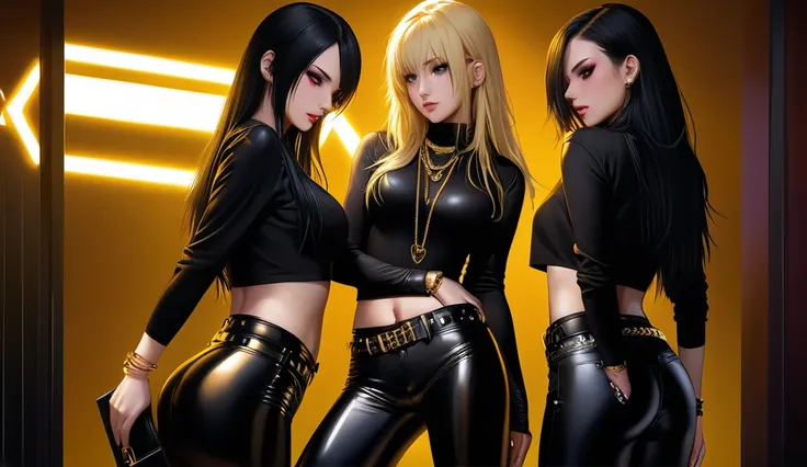 night, interior uma nightclub com neon,  3 sexy young women with long black hair and blonde locks,  black glued blouse, extremely tight black latex pants, low waist,  extremely tight and ripped pants, Leather case ,  I feel black punk style belt,  gold bra...