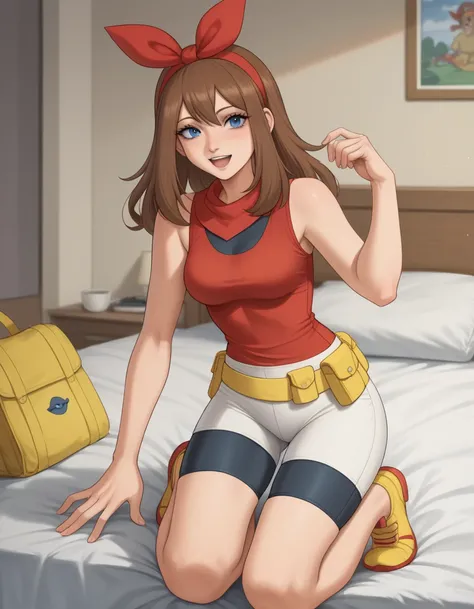 (Sciamano240), masterpiece, best quality, aatomically correct, five fingers, pokemonmay, blue eyes, brown hair, bandana, long hair, bedroom, girl bedroom, perky breasts, wide hips, sexy, young woman, happy,, 1default1, red hairband, bow hairband, red shirt...