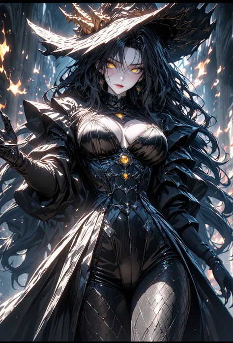 (Solo), black hair, mane hair, very long hair, thick hair, wild hair, expressive hair, mature, (25 years old), pale skin, golden eyes ((dragon eyes)), wearing black and silver witch clothes and Dedmina hat, hand gloves, leg tights, claws, beautiful, attrac...