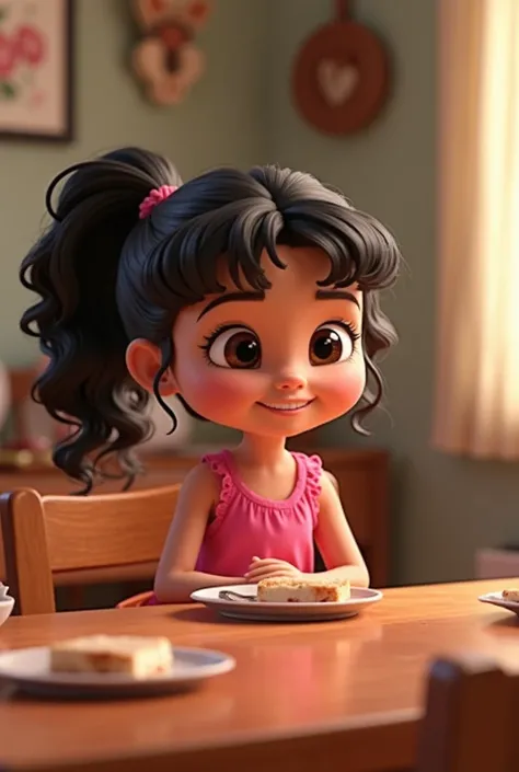 A 3d cartoon, Pixar style, highly detailed, detailed textures, a cute girl smiling, pink dress, curly ponytail hair, black hair, drawing sitting at a  diningroom table