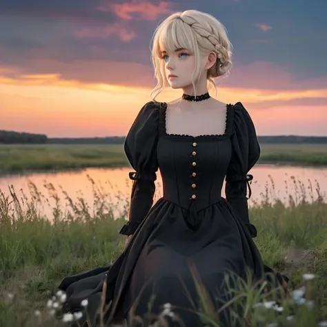 ((Adult)) cisgender female, mature face, long white blonde hair, blue eyes, tan skin, small eyes, lonely, looking off in the distance, wearing black cottagecore dress, gothic cottagecore aesthetic, sunset, kneeling in isolated field, cottage in background,...