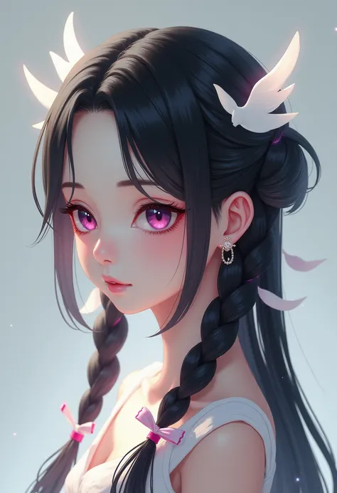 pale young woman with long black hair with dark pink/magenta highlights, tied into two side-plaits resting just over her shoulders with white ribbon around it in an X-shape.She has several white feather-like ribbons on the back of her head that are reminis...