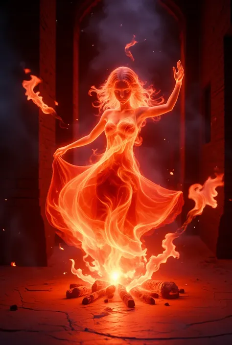 fire in the shape of a girl,, sunset shimmer, wavy hair, dancing inside a large fireplace, stone fireplace, red fire,