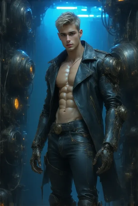 (masterpiece, best quality, realistic, ultra high detailed, UHD, view from a distance, facing the camera), Steampunk Cybernetic Engineer: A tall, lean, and muscular young cybernetic engineer, with smooth white skin and short, styled hair, works on a futuri...