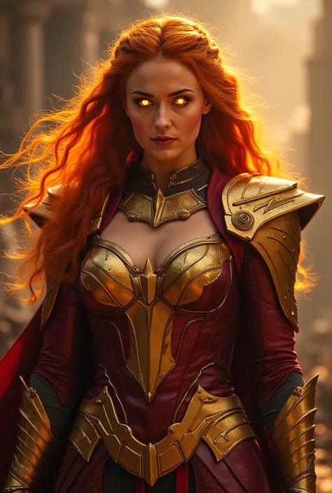 Red-haired Asgardian female warrior with golden and dark red female armor, With cleavage. The eyes shining with golden power and the hair hanging around the head like living flames. 