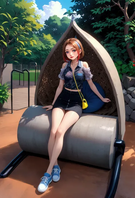 pretty woman, sitting, playground scenery, BREAK, (forehead, dark-brown hair, pink streaked hair, pink hilighted hair, 2 colored tone hair, straw hat), BREAK, ((black short sleeves polo shirt, cold shoulder), dark denim pencil skirt, white sneakers), BREAK...