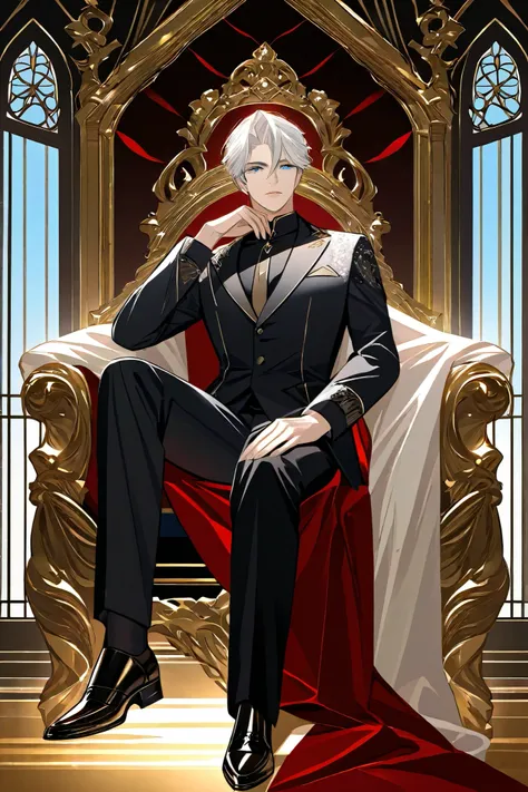 Detailed portrayal of a beautiful male with striking white hair and deep blue eyes, elegantly sitting on a lavish throne, his head resting thoughtfully on his palm. The mood around him is adorned with rich hues of green, earthy browns, vibrant reds, regal ...