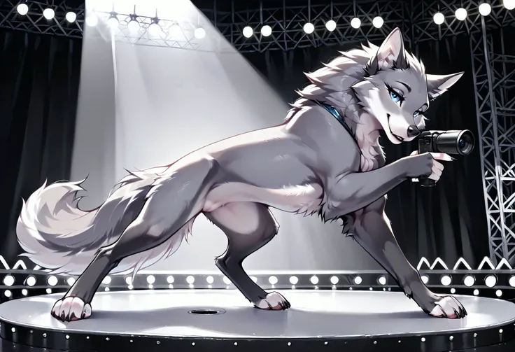 masterpiece, ultradetailed,(((feral))), solo. female, gray_wolf, pointing at camera, stage, seductive pose, flashing lights, forced perspective, posing, detailed background,((detailed fur)), (detailed eyes:1.5), large eyes, blue eyes, full body, detailed ...