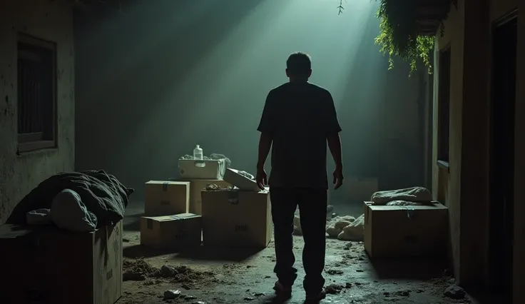 survivor man moving out of his current house keeping survival supplies in boxes, In the background some boxes with things ready to be transported,  realistic image,  low lighting. Colors that give off a feeling of melancholy.