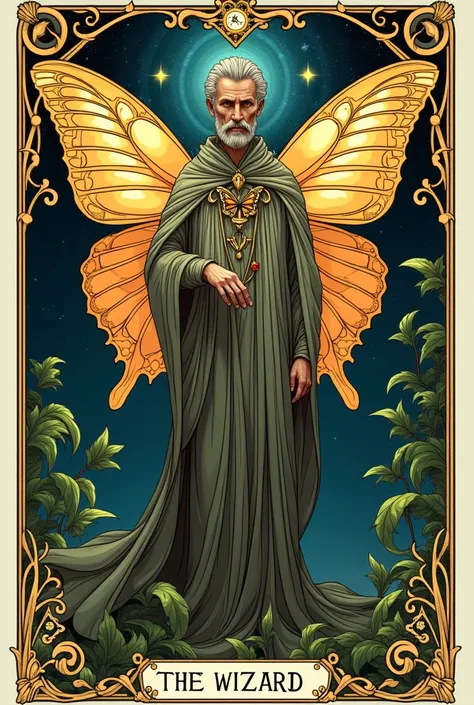  Create the tarot card The Wizard  ( man )  full body , Butterfly version ,  do it in art nouveau style  ,  with white edges on the fourth sides