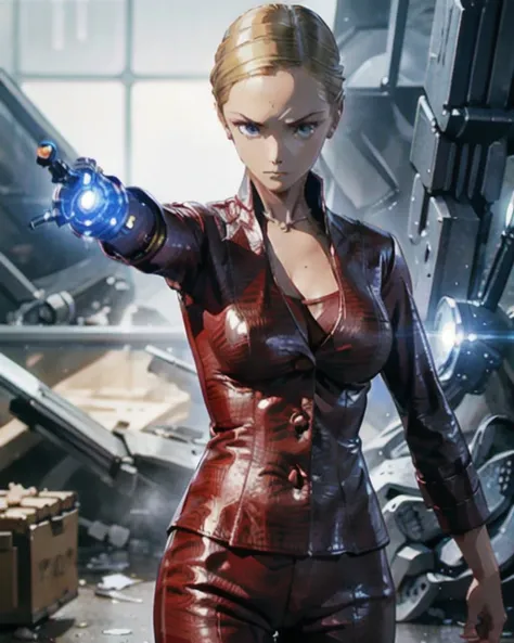  terminator、 Terminatrix .T-X、 machine arm ,  anime style,  Japanese illustration style,  Unreal Engine, Liquid Metal、bullet mark 、 blonde, Chignon,  big breasts,  expressionless ,  1 girl, battle、Pointing a Gun