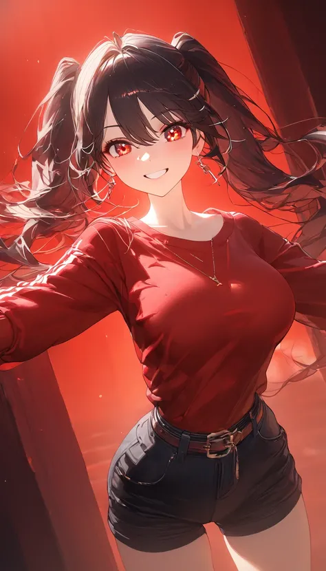 1 women, intricate facial features, intense red background, solo subject, wearing a red long-sleeved shirt, full body view, (best quality,4k,8k,highres,masterpiece:1.2),ultra-detailed,cinematic lighting,vibrant colors,cinematic composition, physically-base...