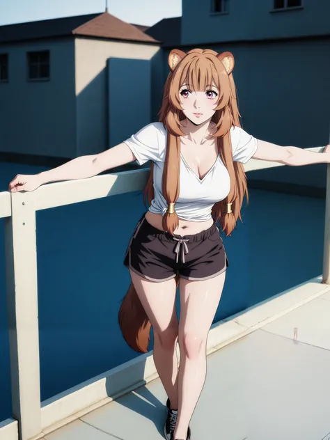 master piece, extremely detailed,8k,solo,1 girl,raphtalia,full body,stand up,leaning against the fence,adult female,white tshirt, black shorts,stretch, milf, cleavage, navel, soft light, high detailed, best quality,bokeh,photograpy, upper body,cowboy shoot...