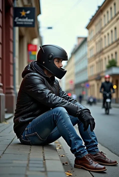 there is a man sitting on the sidewalk with a helmet on, a picture by Alexander Fedosav, instagram, realism, khyzyl saleem, mohamed chahin, enes dirig, sitting on a motorcycle, mohamed chahin style, ash thorp khyzyl saleem, azimov, in style of kyrill kotas...