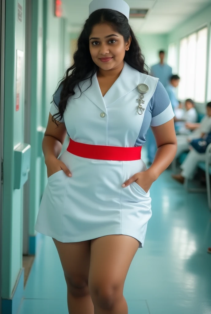 Top quality, masterpiece, Ultra High Definition, ( photorealistic: 1.4), RAW Foto, , Hot sri lankan nurse tamanna bhathia tamanna bhathia large firm breasts.deep cleavage and thick  thighs, prominent bubble butt, black hair, bright day light , Full body, w...