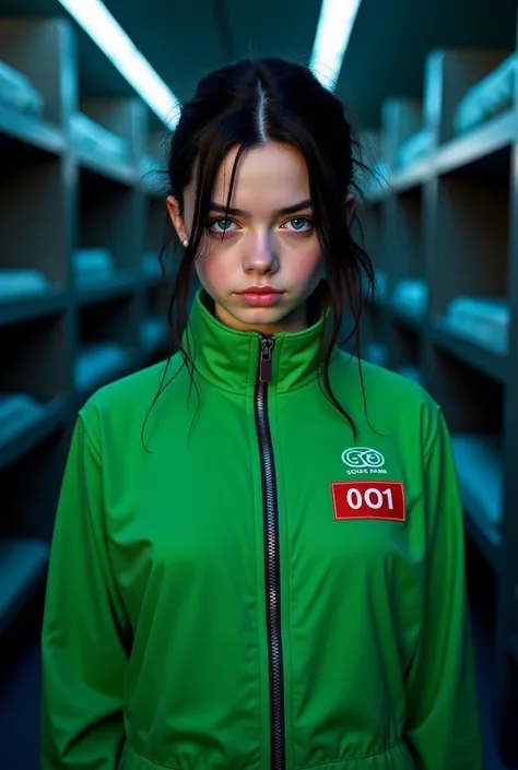 "Billie Eilish wearing a green 'Squid Game' tracksuit with the number 001 on her chest. She has her signature messy, dyed hair with dark roots, striking blue eyes, and her unique streetwear-inspired style blending into the outfit. Her expression is a mix o...