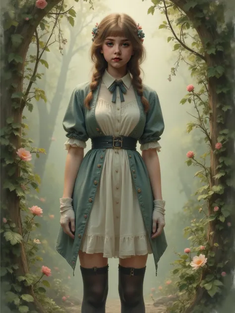 2D,  masterpiece,   rolled up , Realistic Photo,  very detailed face ,  very detailed eyes ,  very detailed background,  perfect lighting ,  cowboy shot ,  1 girl, Alone, Aki Rosenthal,  collar dress , short dress, Short-sleeved, Blue jacket,  black thigh ...