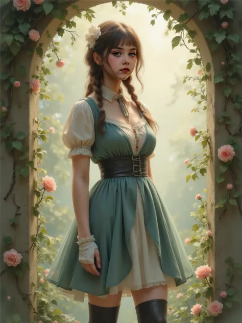 2D,  masterpiece,   rolled up , Realistic Photo,  very detailed face ,  very detailed eyes ,  very detailed background,  perfect lighting ,  cowboy shot ,  1 girl, Alone, Aki Rosenthal,  collar dress , short dress, Short-sleeved, Blue jacket,  black thigh ...