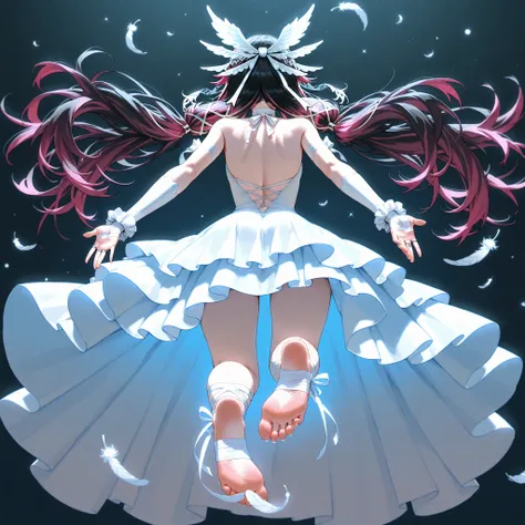 Columbina, de genshin impact, with fitted white dress, Show your back, pies, rear,  full body ( 5 fingers, on every foot and hand)